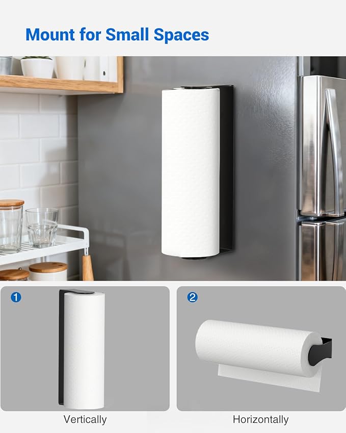Magnetic Paper Towel Holder for Fridge, No Drilling, Strong Magnet, Stainless Steel, Paper Towel Holder Magnetic for Refrigerator, Rv, Grill, Kitchen Decor and Accessories, Black