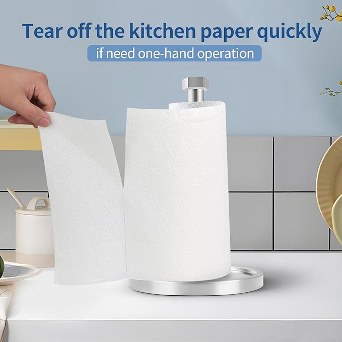 Paper Towel Holder Countertop, Stainless Steel Paper Towel Holder -Weighted Base, One-Handed Tear, Black Kitchen Roll Holder, Non-Slip Protect The countertop-New Silver