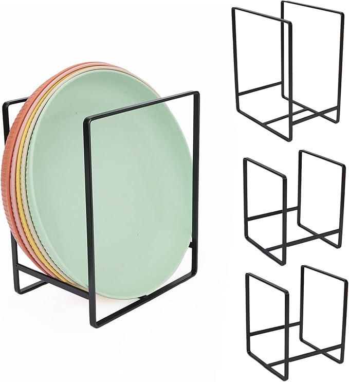 CEYAZYE 4 Pack Plate Holder Organizer for Cabinet Space Saver, Metal Dinner Dish Storage Rack, 2 Sizes Kitchen Storage Display for Plates, Pots, Pans, Cutting Boards, Black