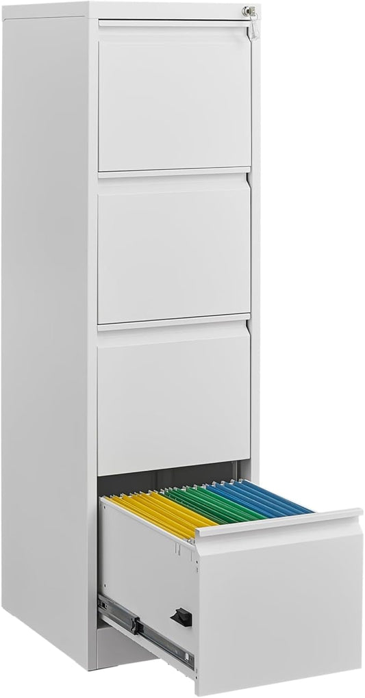 GarveeLife 4 Drawer File Cabinet with Lock, Vertical Metal File Cabinet Organizer for Home Office, Heavy Duty Filing Cabinets Lockable Storage Drawer for Letter/Legal/a4/f4 Size Files White