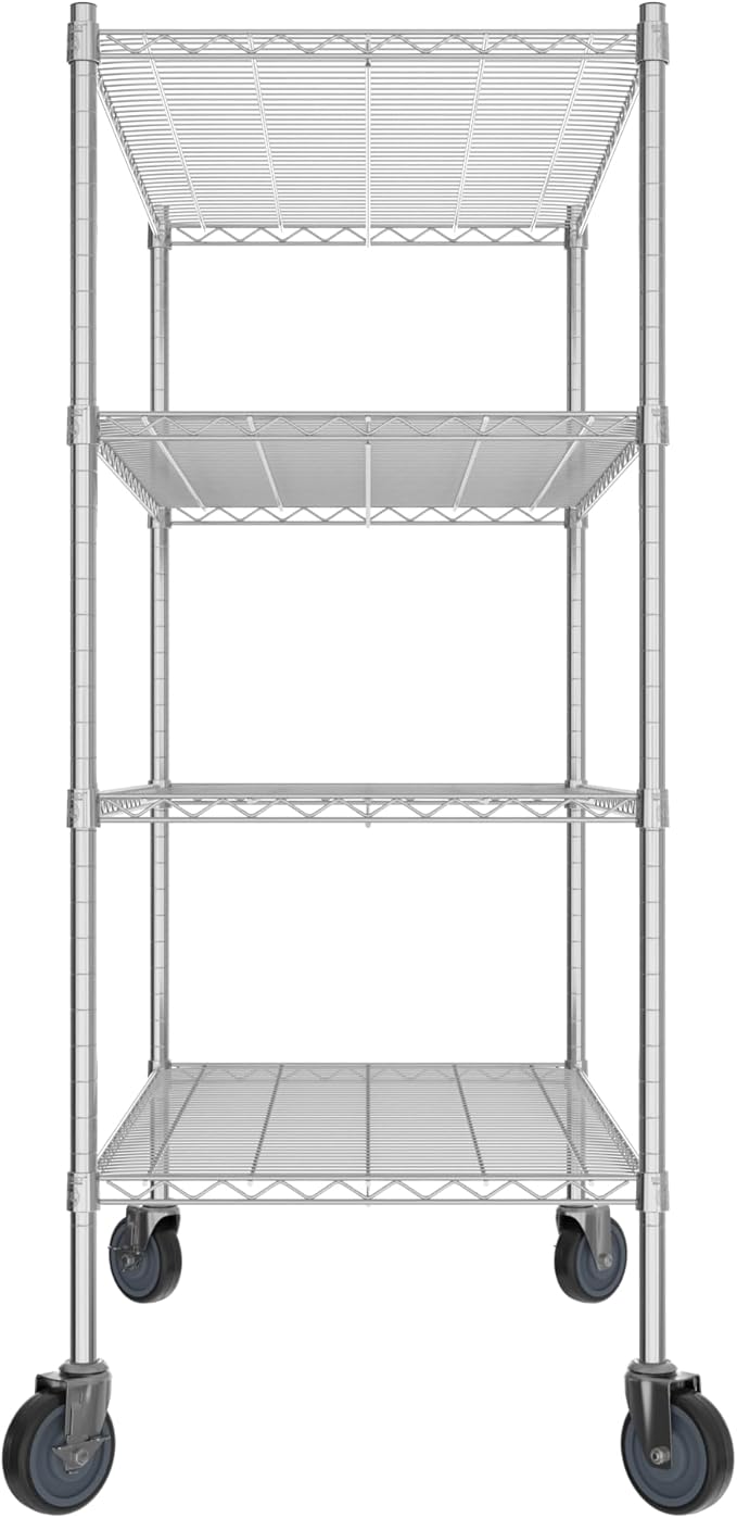 Commercial NSF Listed Chrome Mobile Wire Shelving Kit 24" x 42" x 60", with 4 Shelves Perfect for Warehouse, Walk-in Refrigerator, Freezer, Grocery Store, Restaurant, Dishroom