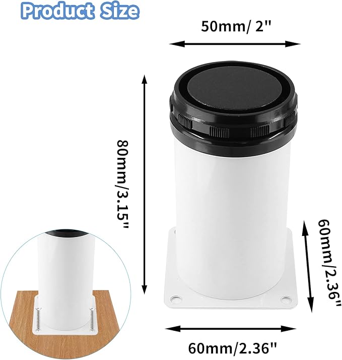 Set of 4 Stainless Steel Furniture Legs 3 Inch, Adjustable Round Cabinet Legs 2" Dia Kitchen Feet, Metal Replacement Legs for Cabinet Sofa Couch Shelves Table (White)