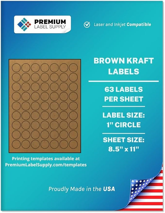 Premium Label Supply Brown Kraft Sticker Round Labels – 1" Circle – Laser/Inkjet Compatible – (63 per Sheet), 25 Sheets – 1575 Total Adhesive Labels