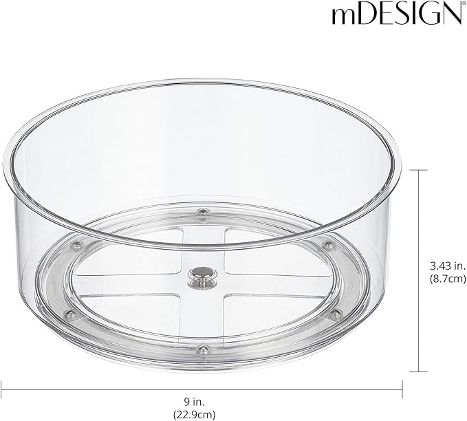 mDesign 9" Plastic Lazy Susan Spinner for Kitchen Cabinet, Cupboard, Fridge, or Drawer Organizing - Rotating Circle Spice Organizer Turntable for Food, Condiment, Medicine - Lumiere Collection - Clear