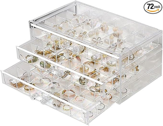 Earring Organizer Box Acrylic Stackable Jewelry Organizer with 3 Drawers 72 Small Compartments Clear Jewelry Display Stand for Stud Earring Ring Pin Display (Transparent)