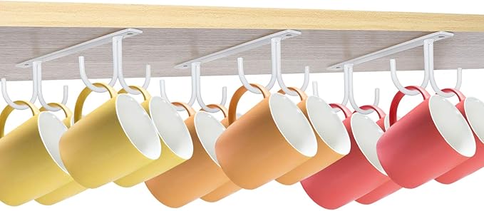 MOCOUM Under Cabinet Mug Rack, Rustic Mug Organizer Rack Cup Holder Under Shelf 12 Hanging Hooks Rack for Mugs, Coffee Cups and Kitchen Utensils Display (White-3 Pack-12 Hooks)