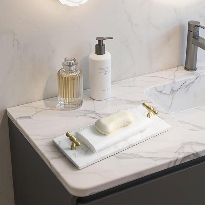 Marble Napkin Holder, Guest Towel Holder Tray, White Marble Tray for Bathroom & Kitchen Countertop with Brass Handles, Decorative Bathroom Napkin Holder for Home Decor