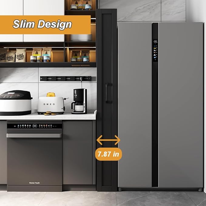 7 Tier Slim Storage Cart, Rolling Spice Rack Next to Fridge Slim, Narrow Storage Cabinet, Wood Storage Organizer with Handle Wheels for Kitchen, Dining Room (7 Tier-Black)