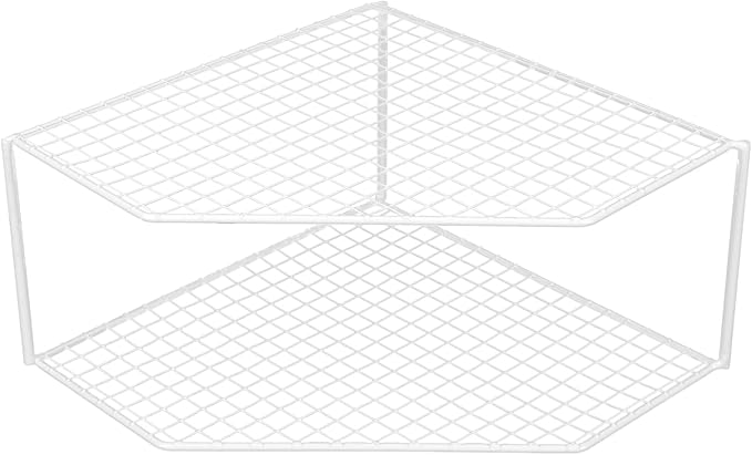 UPKOCH 2-Tier Corner Shelf Kitchen Cabinet Organizer, Metal Wire Counter and Cabinet Storage Rack for Plates, Dishes, Pots, Pans, Pantry, Grid Design for Stability and Drainage (White)