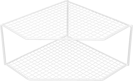 UPKOCH 2-Tier Corner Shelf Kitchen Cabinet Organizer, Metal Wire Counter and Cabinet Storage Rack for Plates, Dishes, Pots, Pans, Pantry, Grid Design for Stability and Drainage (White)