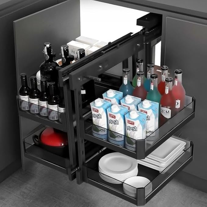 Heavy-Duty Blind Corner Pull Out Organizer - 55lbs Capacity 2-Tier Cabinet Organizer with Adjustable Baskets, Explosion-Proof Glass & Carbon Steel for Kitchen Cabinets