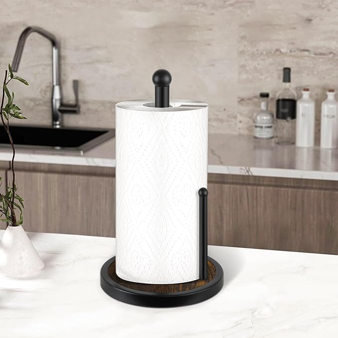 YINMIT Paper Towel Holder Countertop, Standing Paper Towel Roll Holder with Heavy Duty Wooden Base, Rustic Farmhouse Paper Towel Holders for Kitchen Counter, Fits Standard or Jumbo-Sized Rolls
