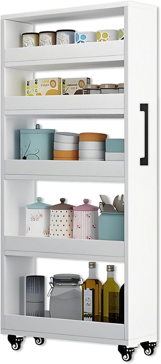7-Tier Slim Rolling Storage Cart, Wooden Narrow Pantry Cabinet with Wheels, Tall Space-Saving Shelf Organizer for Kitchen, Laundry, Bathroom (White, 59" H*7.8" W*23.6" D)