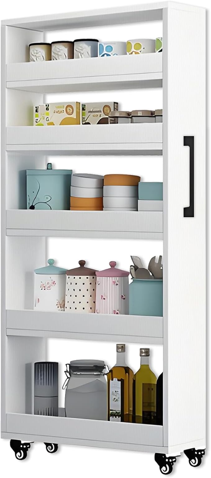 7-Tier Slim Rolling Storage Cart, Wooden Narrow Pantry Cabinet with Wheels, Tall Space-Saving Shelf Organizer for Kitchen, Laundry, Bathroom (White, 47.2" H*9.8" W*23.6" D)
