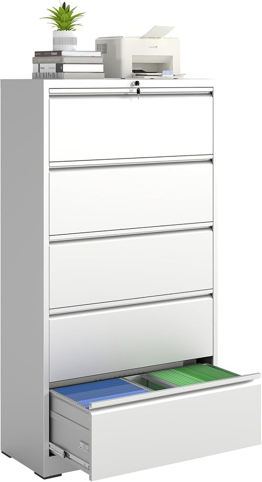 5 Drawer File Cabinet with Lock, Lateral Filing Cabinets,Metal Storage Filing Cabinets for Home Office, Heavy Duty File Cabinet for Letter/Legal/A4/F4 Size Amsseble Required, White