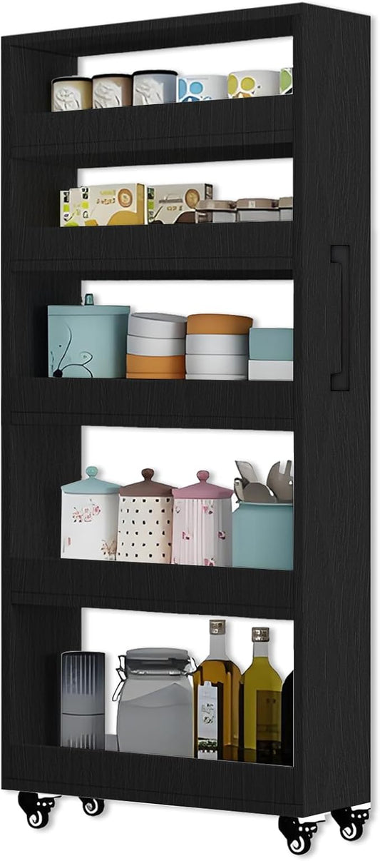 7-Tier Slim Rolling Storage Cart, Wooden Narrow Pantry Cabinet with Wheels, Tall Space-Saving Shelf Organizer for Kitchen, Laundry, Bathroom (Black, 59" H*5.9" W*19.6" D)