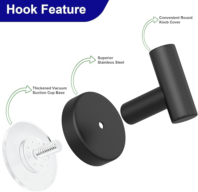 VINHOLD Suction Cup Hooks for Shower, Stainless Steel Towel Hooks for Bathroom Wall, Glass Door, Kitchen, Mirror, Tile, Shower Hooks for Hanging Towels, Robes, Bath Balls (2 Pack，Black)