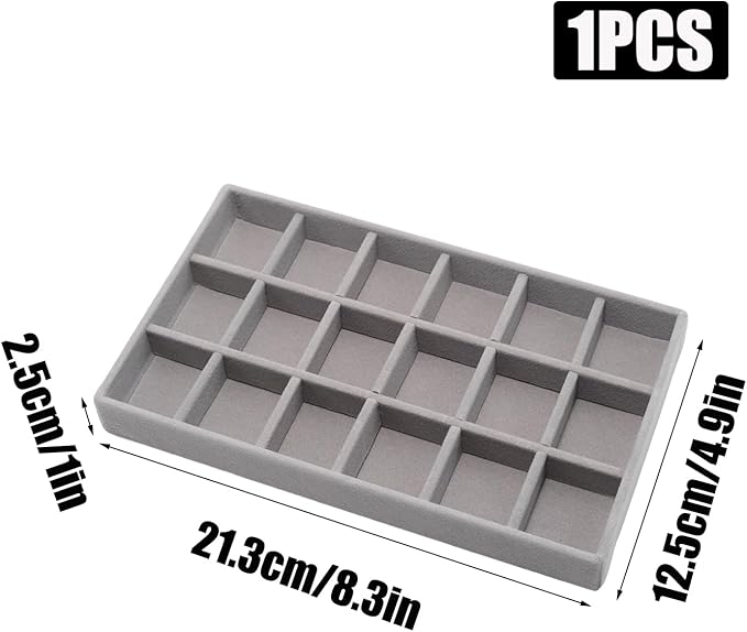 Velvet Jewelry Organizer Trays Gray Stackable Jewelry Storage Display Tray with Removable Dividers, 18 Grids
