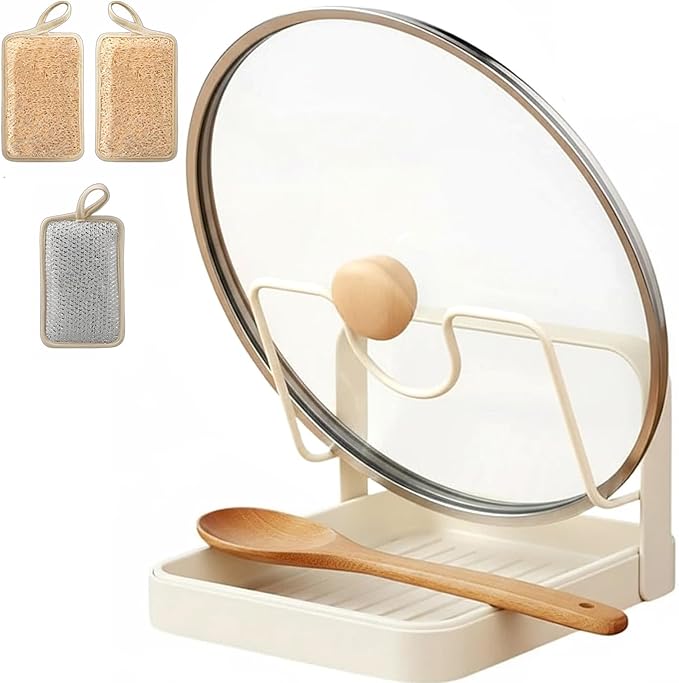 Kitchen Pot Lid Storage Rack, Carbon Steel Pan Lid Organizer Holder with Spoon Rest for Countertop Cooking Storage (Cream - Single Layer)
