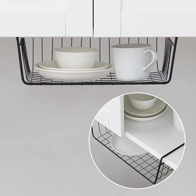 Ankuce 6 PACK Hanging Under Shelf Storage Basket Kitchen Cabinet Organizer Storage, Slides Under Wire Shelves for Counter Pantry Desk Bookshelf, Black