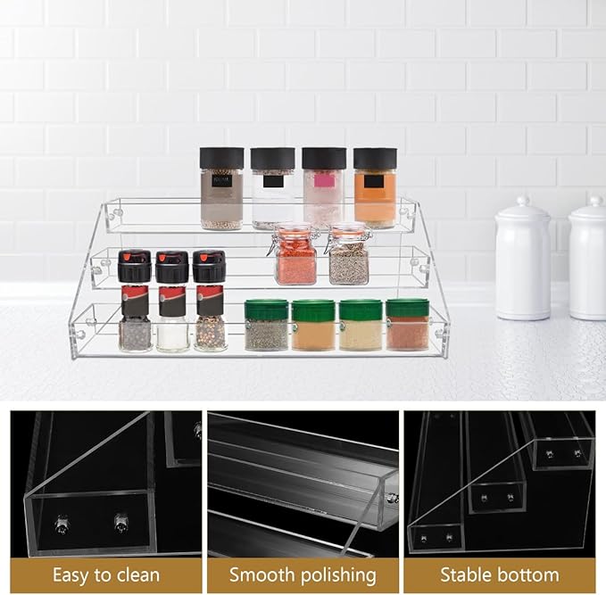 DECHOUS 3-Tier Acrylic Spice Rack Organizer Clear Tiered Spice Rack Seasoning Organizer for Countertop, Cabinet, Pantry, Kitchen Storage, 12x6.3x5.2 Inch