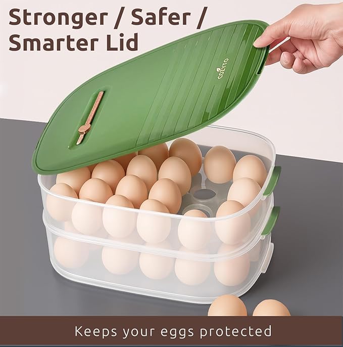 COZYTO Premium EggNest 2-Layer Egg Holder for Refrigerator – Stackable Egg Storage Tray with Sliding Date Dial Lid | Holds 44 Eggs | BPA-Free, Durable & Space-Saving (Green Lid & Transparent Box)