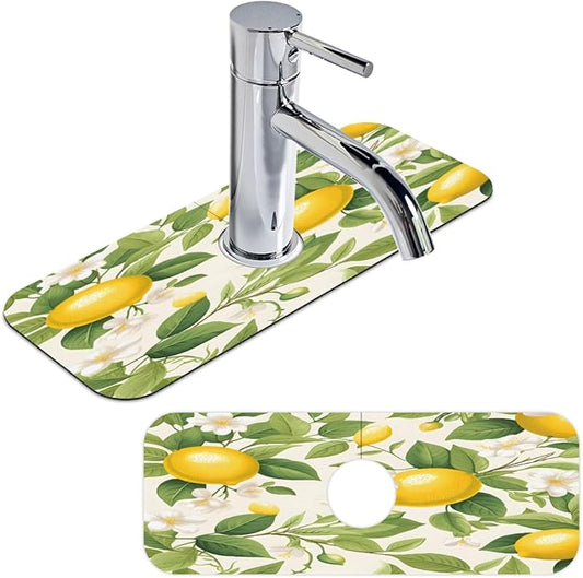 Lemon Blossom Pattern Kitchen Faucet Mat Splash Guard, 15.4”x5.7” Absorbent Quick Drying Sink Mat for Countertop Protection, Draining Mat Sink Protectors For Kitchen Bathroom, 1 Pack