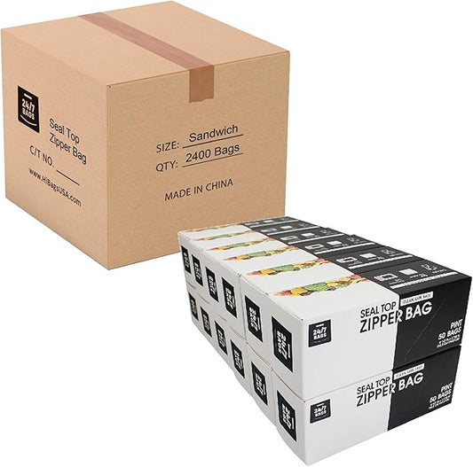 24/7 Bags- Sandwich Zip Storage Bags, Case Pack, 2400 Count, Single Zipper Seal, Easy Grip Open Tabs, Write-On Space, BPA-Free & Heavy Duty, 48 Boxes of 50