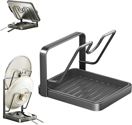 Kitchen Pot Lid Storage Rack, Stainless Steel Pot Lid Holder While Cooking for Countertop, Multifunctional Pots Lids Organizer Rack with Removable Drip Tray for Spatulas, Ladles & Large Lids (Gray1)