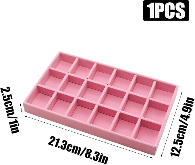 Velvet Jewelry Organizer Trays Pink Stackable Jewelry Storage Display Tray with Removable Dividers, 18 Grids