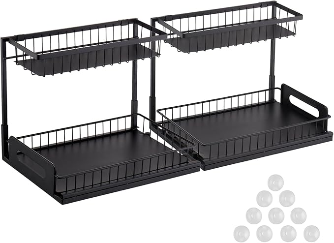 VEVOR Pull Out Cabinet Organizer, 2 Tier Under Sink Organizer and Storage(10.7"W x 14.2"D ), Slide Out Drawer Cabinet Organizer, Wire Basket Sliding Shelf for Kitchen Bathroom Cabinet, Black (2 Pack)