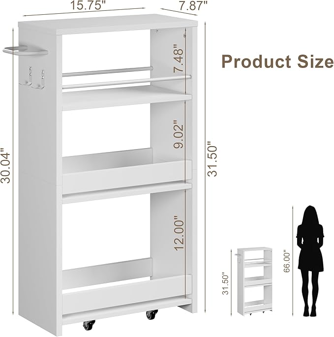 ChooChoo 4-Tier Bathroom Storage Cart, 7.87 inches Wide Narrow Storage Cabinet with 360° Wheels and 2 Hooks, Laundry Room Storage Organizer for Kitchen, Narrow Places, Living Room, White