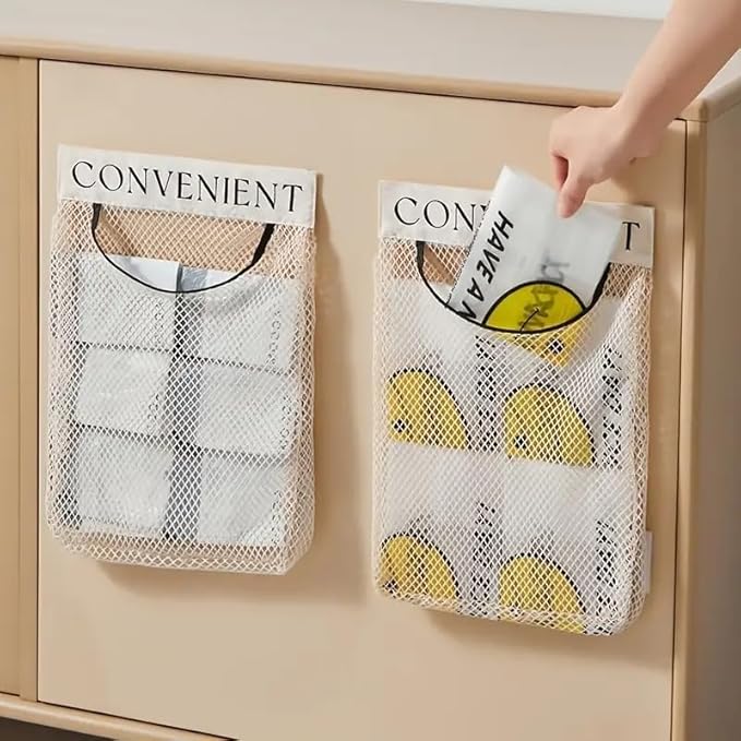 Wall-Mounted Plastic Bag Dispenser – Removable Mesh Holder with Strong Adhesive, Kitchen & Pantry Organizer