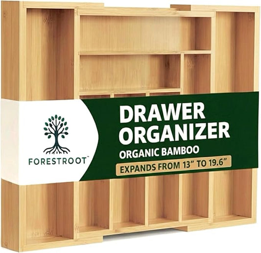 Bamboo Drawer Organizer – Expandable 8 Slot Silverware & Utensil Tray for Kitchen, Office & Bathroom – Fits 13"–19.5” Drawers, Natural Bamboo, Deep Compartments, Durable & Eco-Friendly
