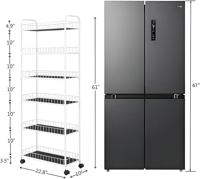 10in Slim Storage Cart, 6-Tier Narrow Rolling Shelf，Sturdy Slim Storage Ideal for Kitchen, Bathroom, and Laundry Room, Black (10in White)