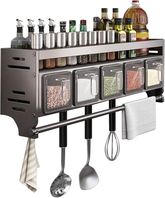 Update Spice Rack Wall Mounted with Hooks and Pole Hanging Seasoning Organizer Shelf Condiment Rack for Kitchen
