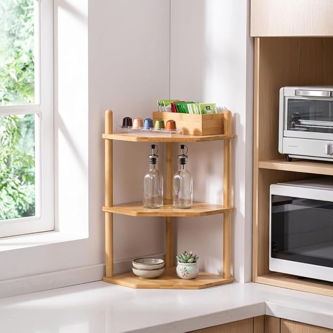 3 Tier Expandable Bamboo Corner Shelf - Dish/Plate Organizer for Cabinet, Kitchen Counter Shelf & Small Kitchen Shelf, Adjustable (1, 3Tier-6.7" H)