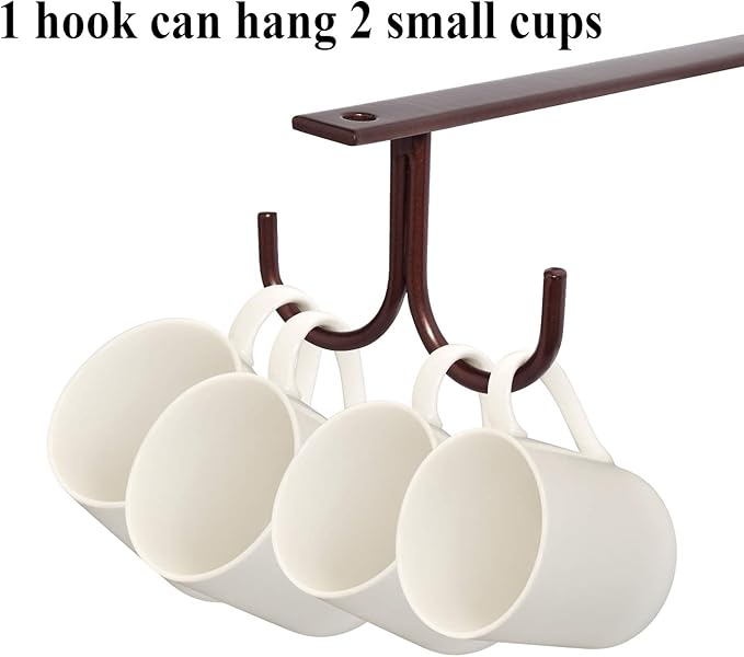 MOCOUM Under Cabinet Mug Rack, Rustic Mug Organizer Rack Cup Holder Under Shelf 12 Hanging Hooks Rack for Mugs, Coffee Cups and Kitchen Utensils Display (Brown-3 Pack-12 Hooks)