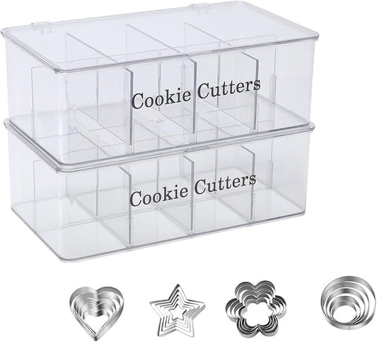 2 Pack Cookie Cutter Tool Storage Box,Cake Decorating Supplies Storage Accessories Bins,Baking Storages Containers with Dustproof Lid,Biscuits Cutter Organizer Storages with 8 Adjustable Compartment