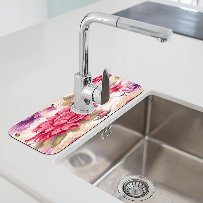 Floral Symphony In Cream Kitchen Faucet Mat Splash Guard, 15.4”x5.7” Absorbent Quick Drying Sink Mat for Countertop Protection, Draining Mat Sink Protectors For Kitchen Bathroom, 2 Pack