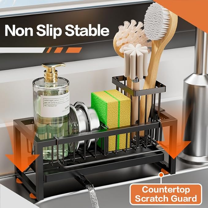 Sponge Holder for Kitchen Sink, Upgrade Thick Sink Caddy with Removable Drip Tray, High Brush Holder & Towel Bar for Countertop Dish Soap Dispenser Storage Accessories, Black