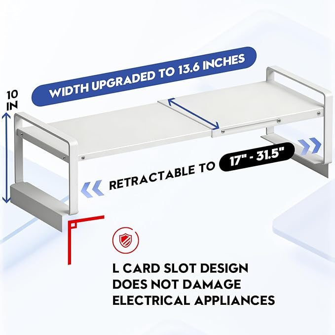 (17-31.5 inches) Adjustable Refrigerator or Washer Top Storage Rack - Expandable Organizer Shelf, L-Shaped Protective Card Slot Design for Kitchen, Laundry Room, Dorm -Durable Metal Space Saver-White