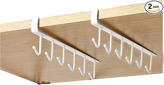 Under Cabinet Coffee Mug Holder - 6 Hooks Cups Storage Rack, Drilling Free, Kitchen Utensil Hanging Hooks Rack 2 Pack (White 2pcs)