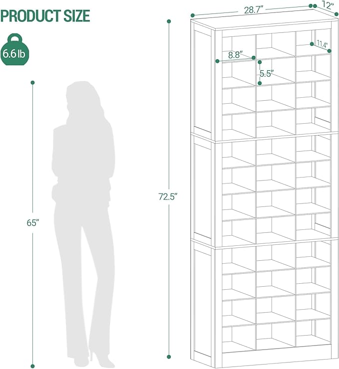 Shoe Storage Cabinet, 36 Pairs Free Standing Closet Organizer, 9 inch Widened Cell Wood Shoe Organizer, 12 Tiers Vertical Space Saving Shoe Rack for Entryway, Cloakroom, White SR20703X