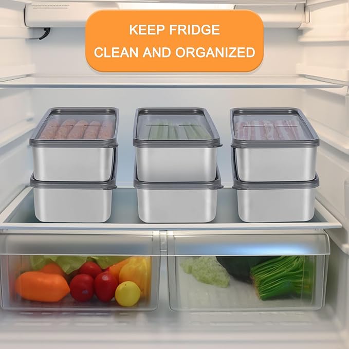 Verveia 2Pack Bacon Holder for Fridge,Bacon Container for Refrigerator,Deli Meat Box for Refrigerator,304SS Airtight Food Storage Container,Stackable Fridge Organizer with Locking Lid (BPA Free)