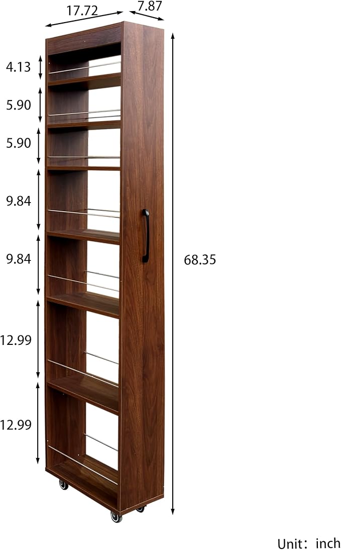 7-Tier Slim Pull-Out Storage Cart with Wheels – Multi-Functional Mobile Organizer, 7 Open Shelves + Top, Adjustable Height, Protection Bars, Perfect for Kitchen, Living Room & Narrow Spaces (Walnut)