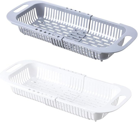 Adjustable Dish Drainer Dish Rack Over The Sink,Drying Rack, Extendable Vegetable Fruit Washing Basket, Collapsible Strainer Basket,Plastics(Grey+White)