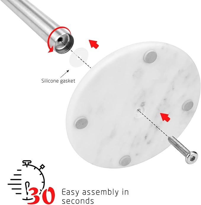 Paper Towel Holder Countertop with 7" Weighted White Marble Base,Modern Free Standing Paper Roll Holder, Brushed Nickel Finish Stainless Steel Stand Paper Towel Holder for Kitchen and Bathroom