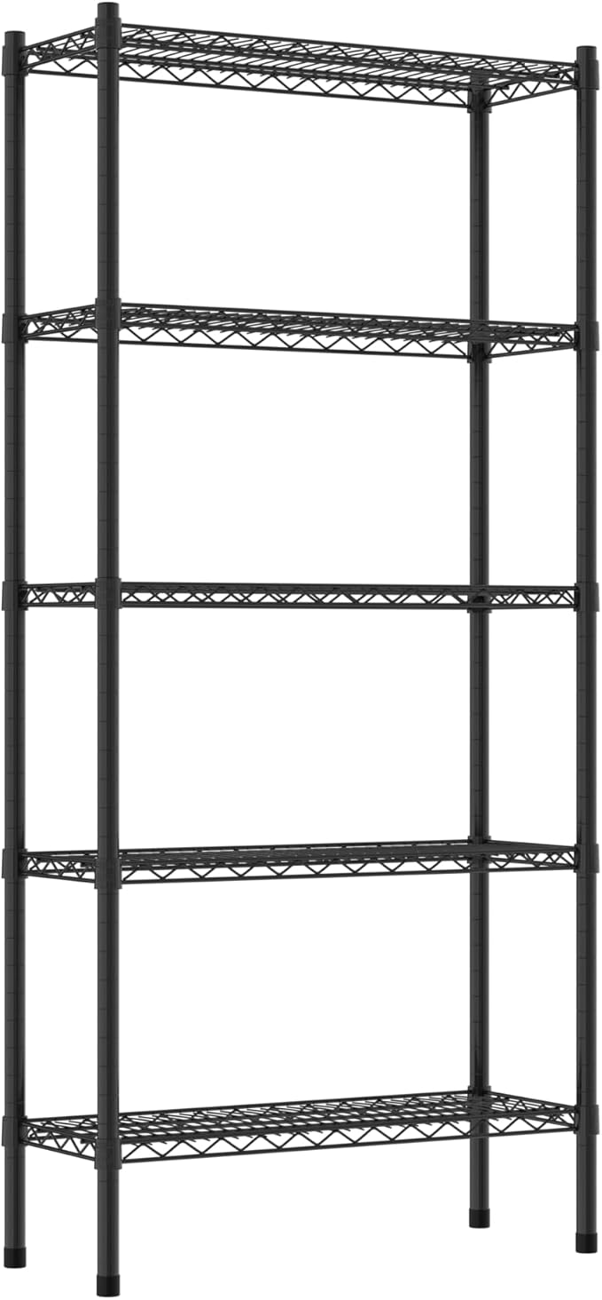 Commercial NSF Listed Black Epoxy Stationary Wire Shelving Kit 12" x 30" x 64", with 5 Shelves Perfect for Warehouse, Walk-in Refrigerator, Freezer, Grocery Store, Restaurant, Dishroom