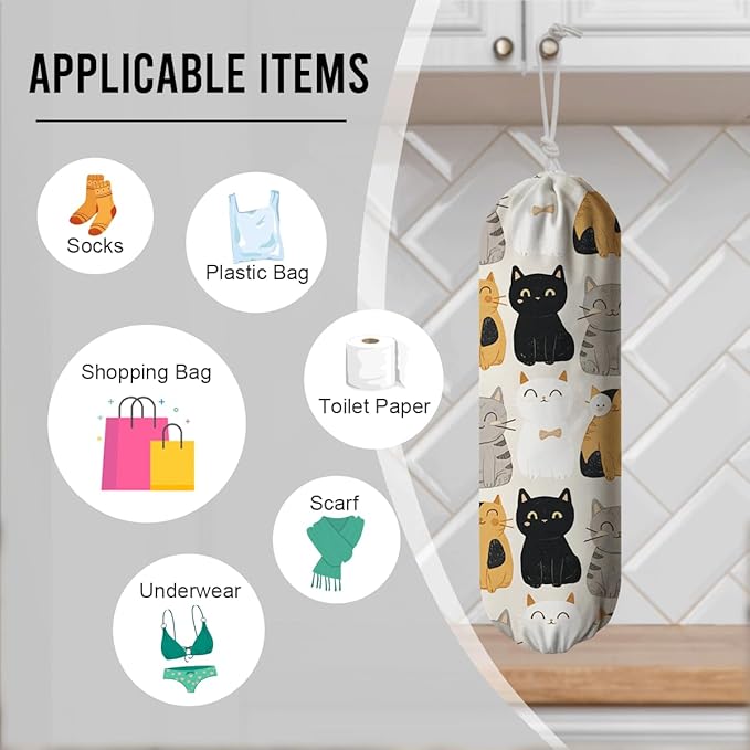 Cat Plastic Bag Holder, Reusable Shopping Bags Storage Dispenser, Lovely Cats Fabric Garbage Trash Bag Dispenser for Home Kitchen Pantry Cabinet, Wall Mount, Kitchen Housewarming Gifts